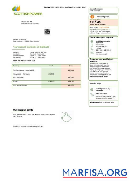 Printable United Kingdom Scottish Power business utility bill Word and PDF template